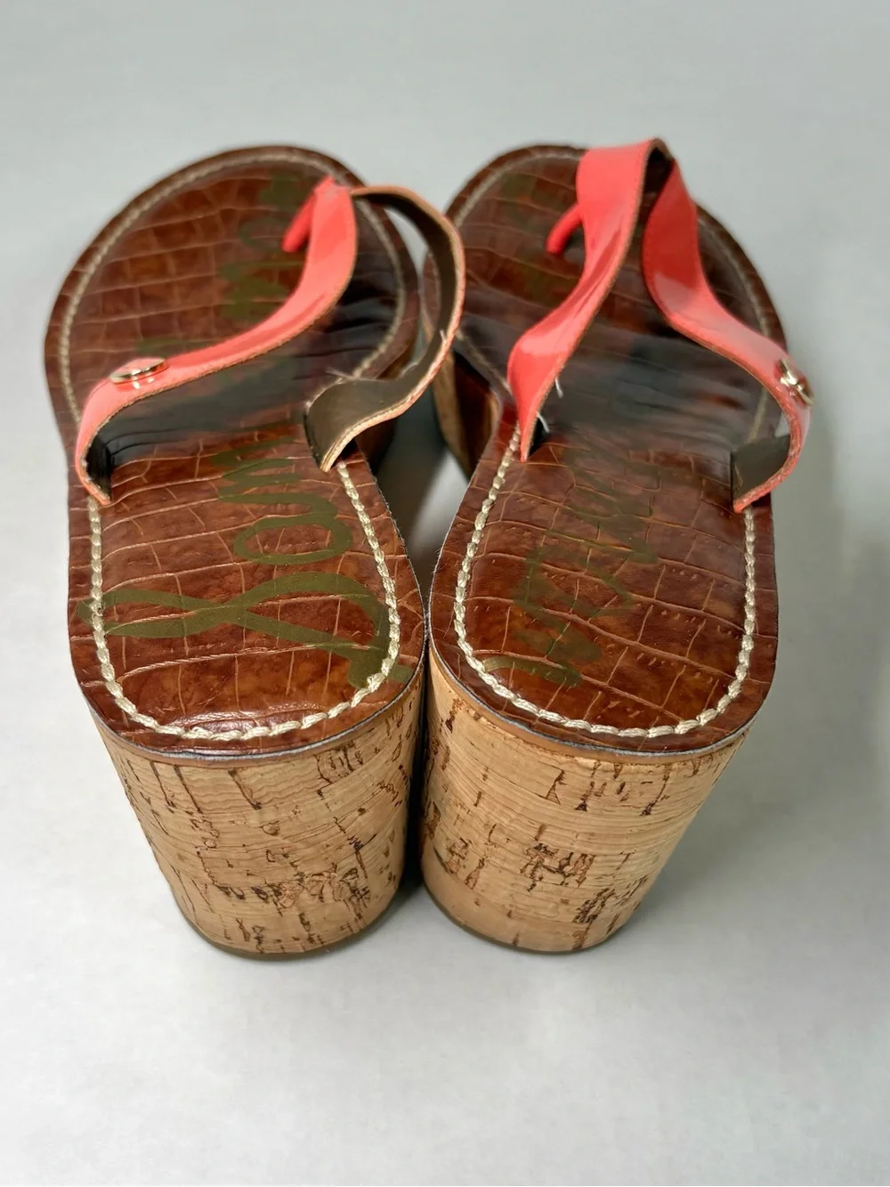 Sam Edelman Romy Croc Print Cork Wedge Thong Sandal US 7.5 Coral